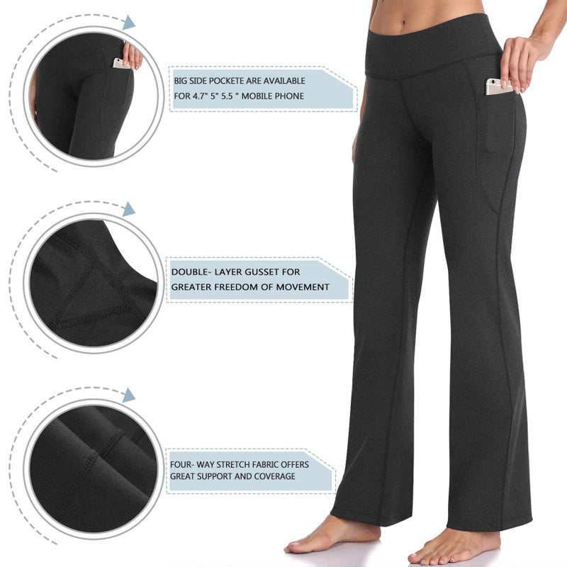 HISKYWIN Side Pockets Yoga Pants 4 Way Stretch Tummy Control Workout Running Pants, Long Bootleg Flare Pants HF201-Charcoal-XXL - Image 5